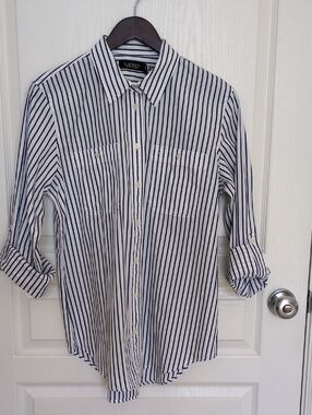 Lauren Ralph Lauren White and Navy Vertical Stripe Button-Down Shirt